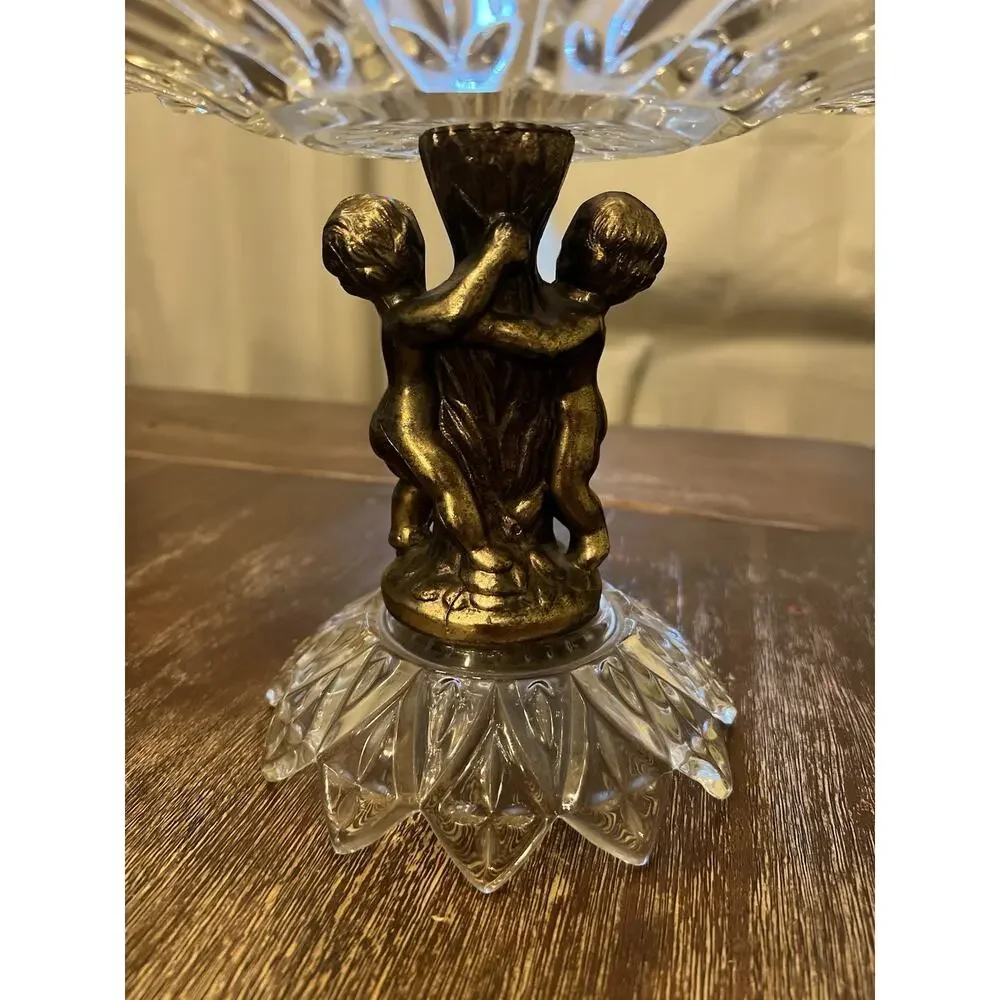 Vintage 13” Pressed Glass Cherub Pedestal Compote Fruit Bowl Hollywood Regency